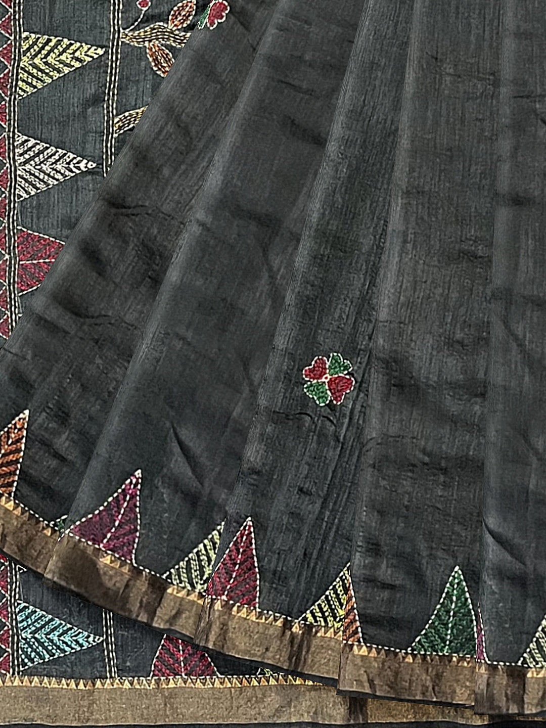 Floral, Hand Embroidered Sujni Saree on Tussar Munga Silk