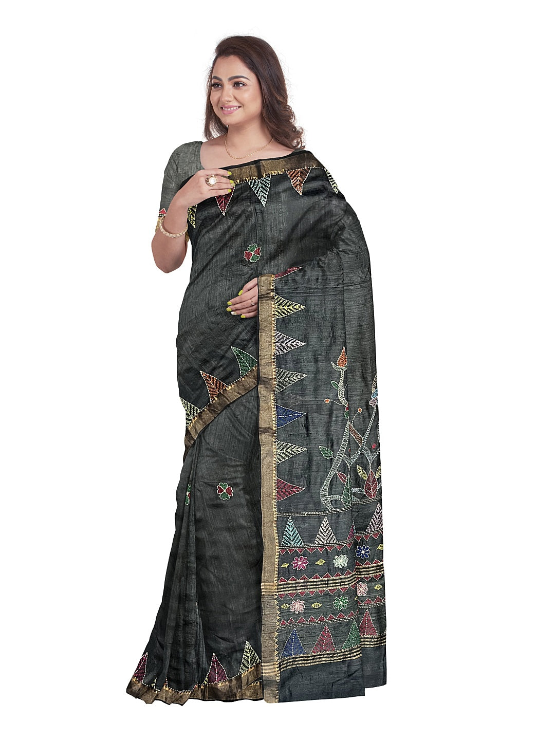 Floral, Hand Embroidered Sujni Saree on Tussar Munga Silk