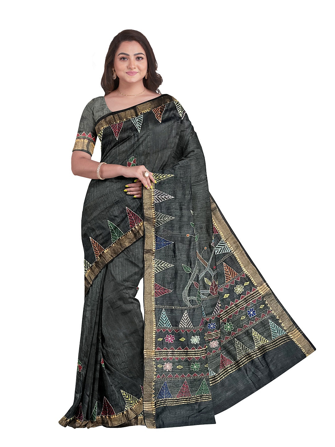 Floral, Hand Embroidered Sujani Saree on Tussar Munga Silk