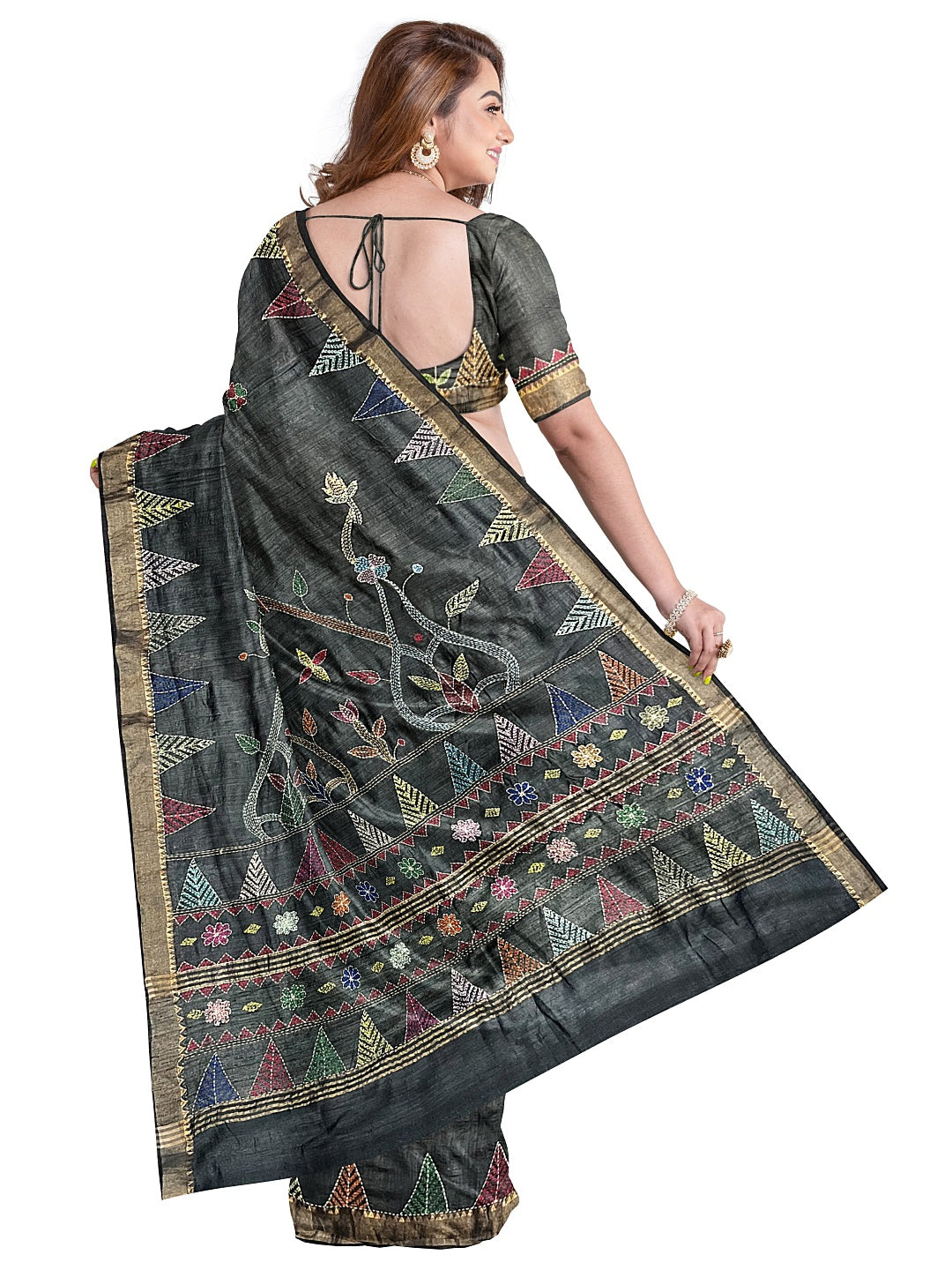 Floral, Hand Embroidered Sujni Saree on Tussar Munga Silk