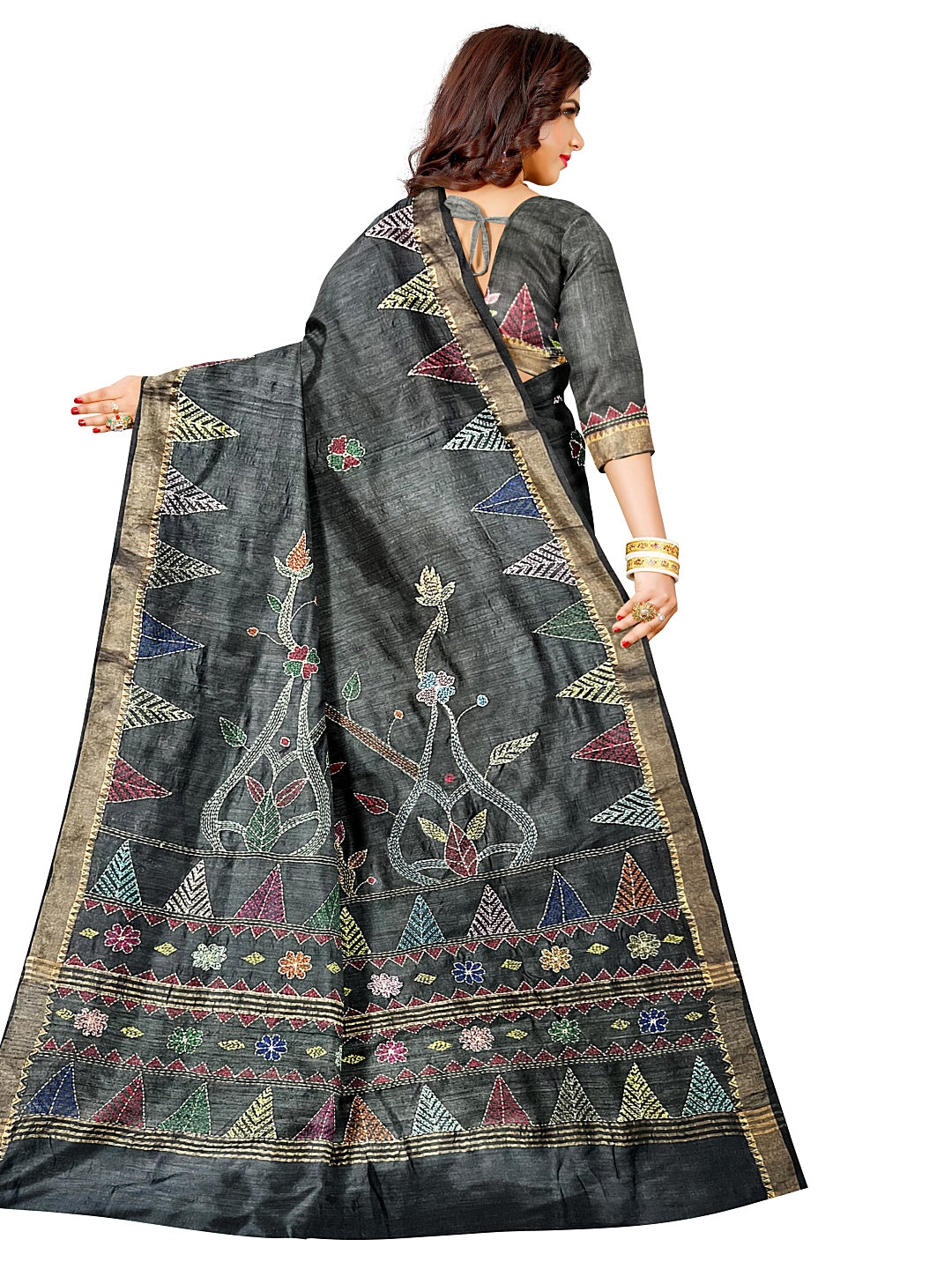 Floral, Hand Embroidered Sujni Saree on Tussar Munga Silk