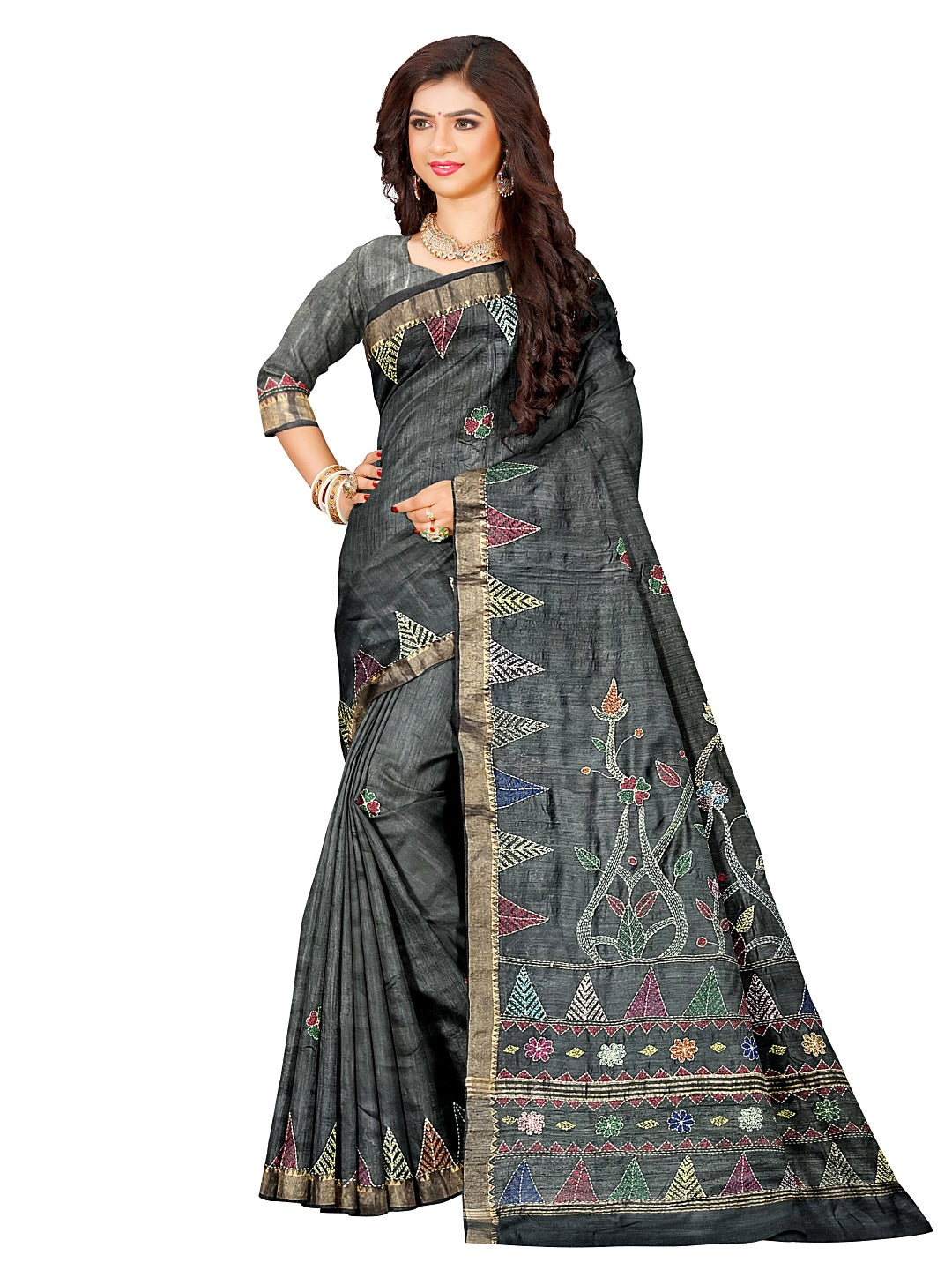 Floral, Hand Embroidered Sujani Saree on Tussar Munga Silk