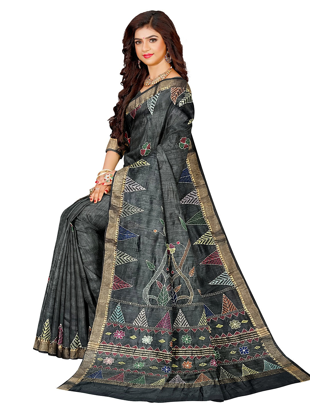 Floral, Hand Embroidered Sujni Saree on Tussar Munga Silk