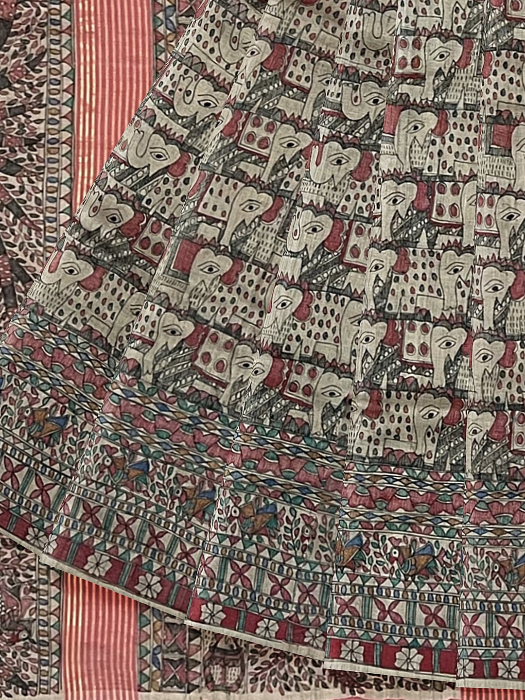 All-Over Handpainted Madhubani Saree on Desi Tussar Silk - Elephant Motifs