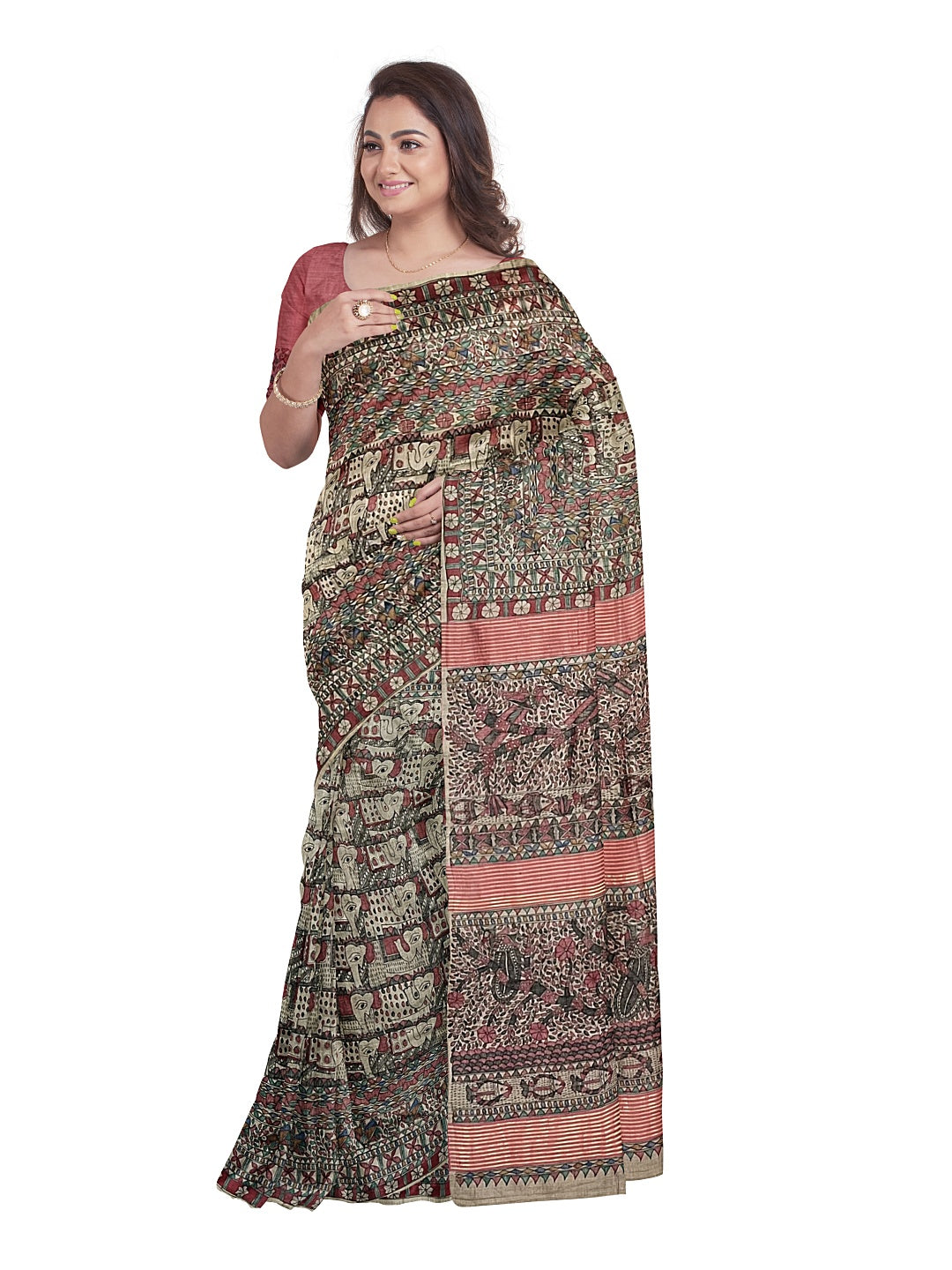 All-Over Handpainted Madhubani Saree on Desi Tussar Silk - Elephant Motifs