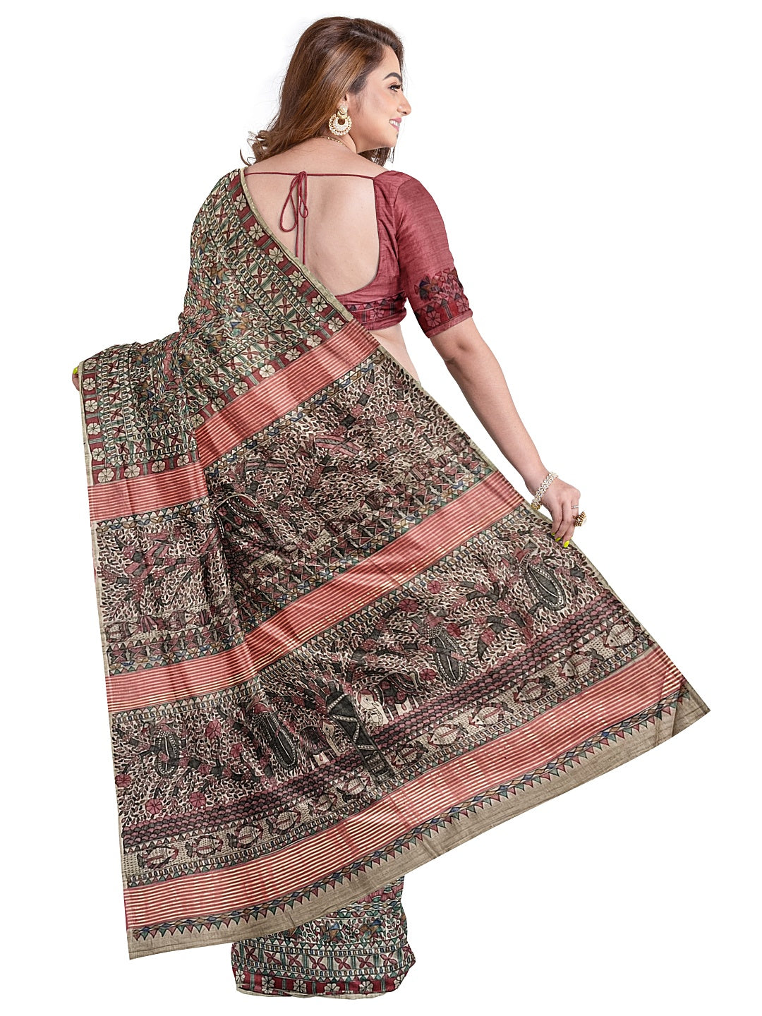 All-Over Handpainted Madhubani Saree on Desi Tussar Silk - Elephant Motifs