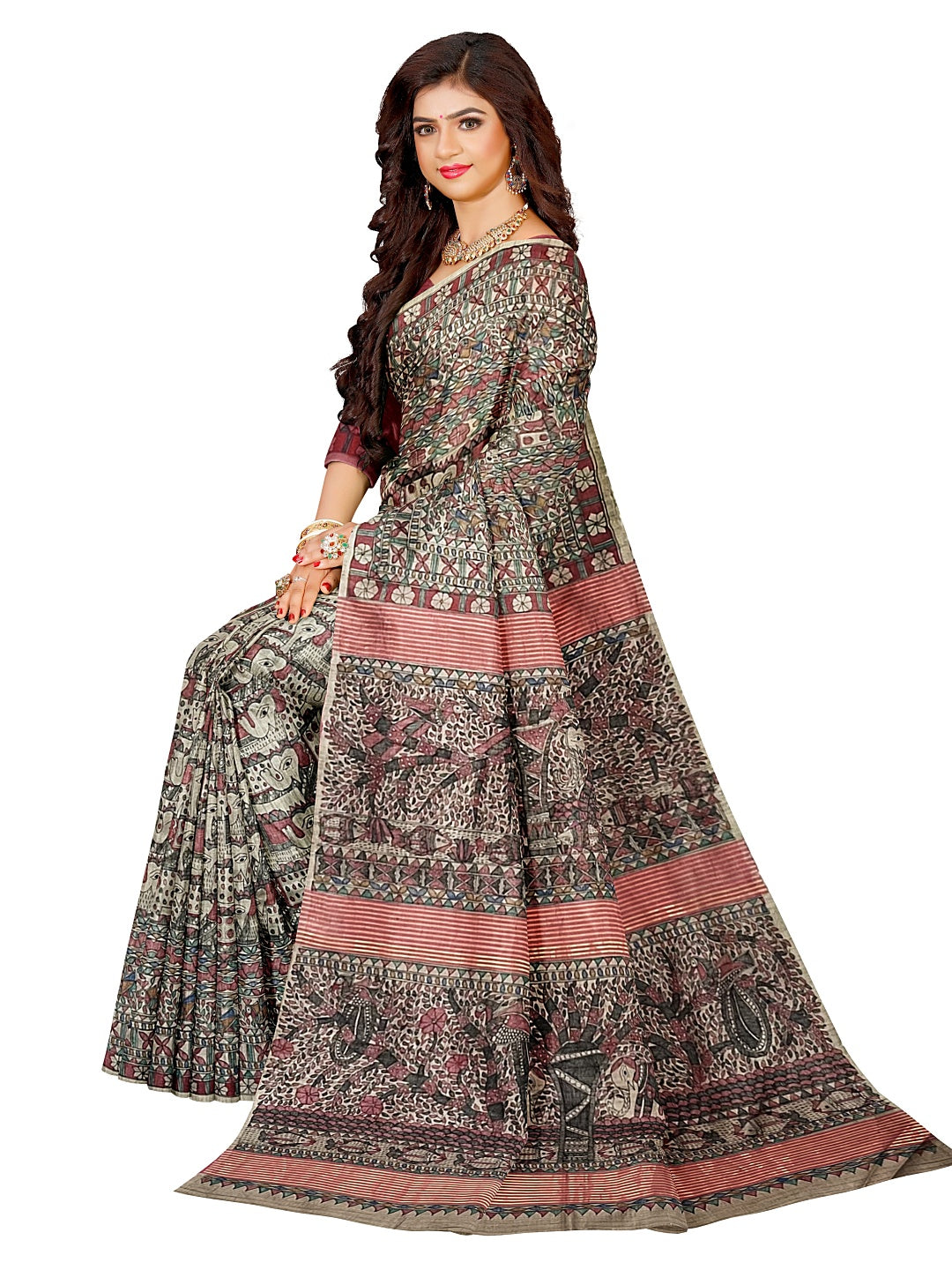 All-Over Handpainted Madhubani Saree on Desi Tussar Silk - Elephant Motifs