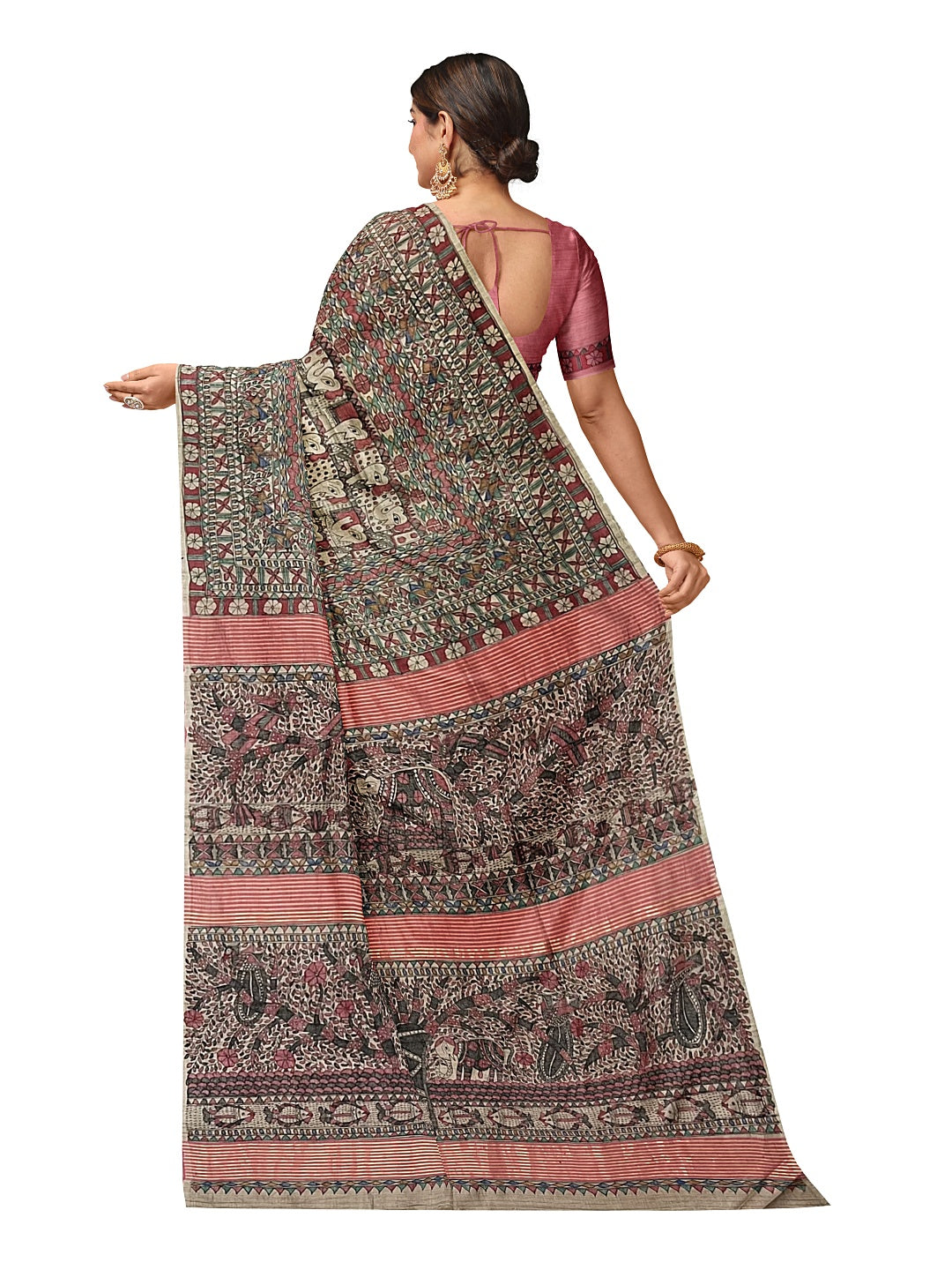 All-Over Handpainted Madhubani Saree on Desi Tussar Silk - Elephant Motifs