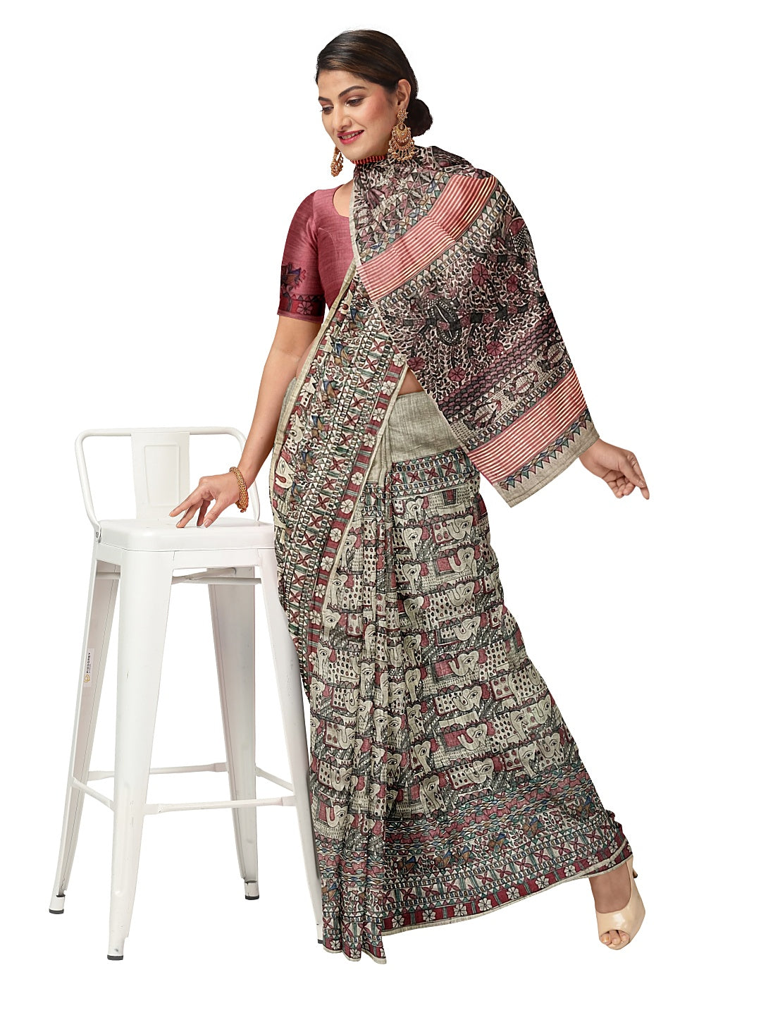 All-Over Handpainted Madhubani Saree on Desi Tussar Silk - Elephant Motifs