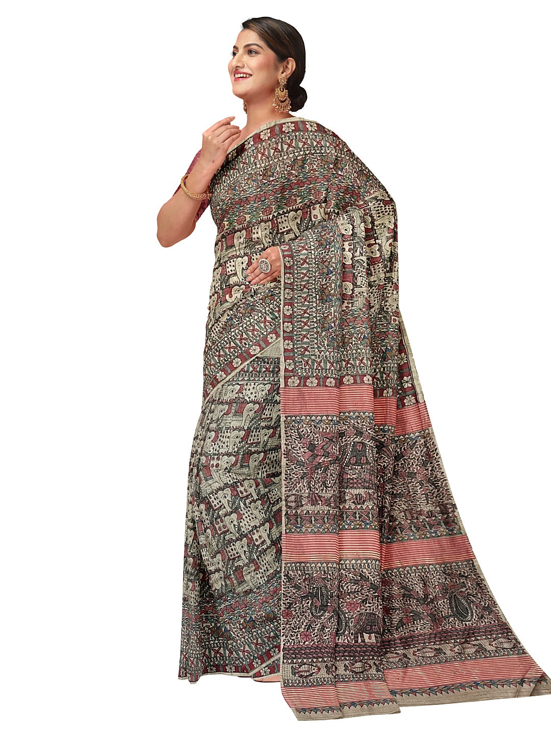 All-Over Handpainted Madhubani Saree on Desi Tussar Silk - Elephant Motifs