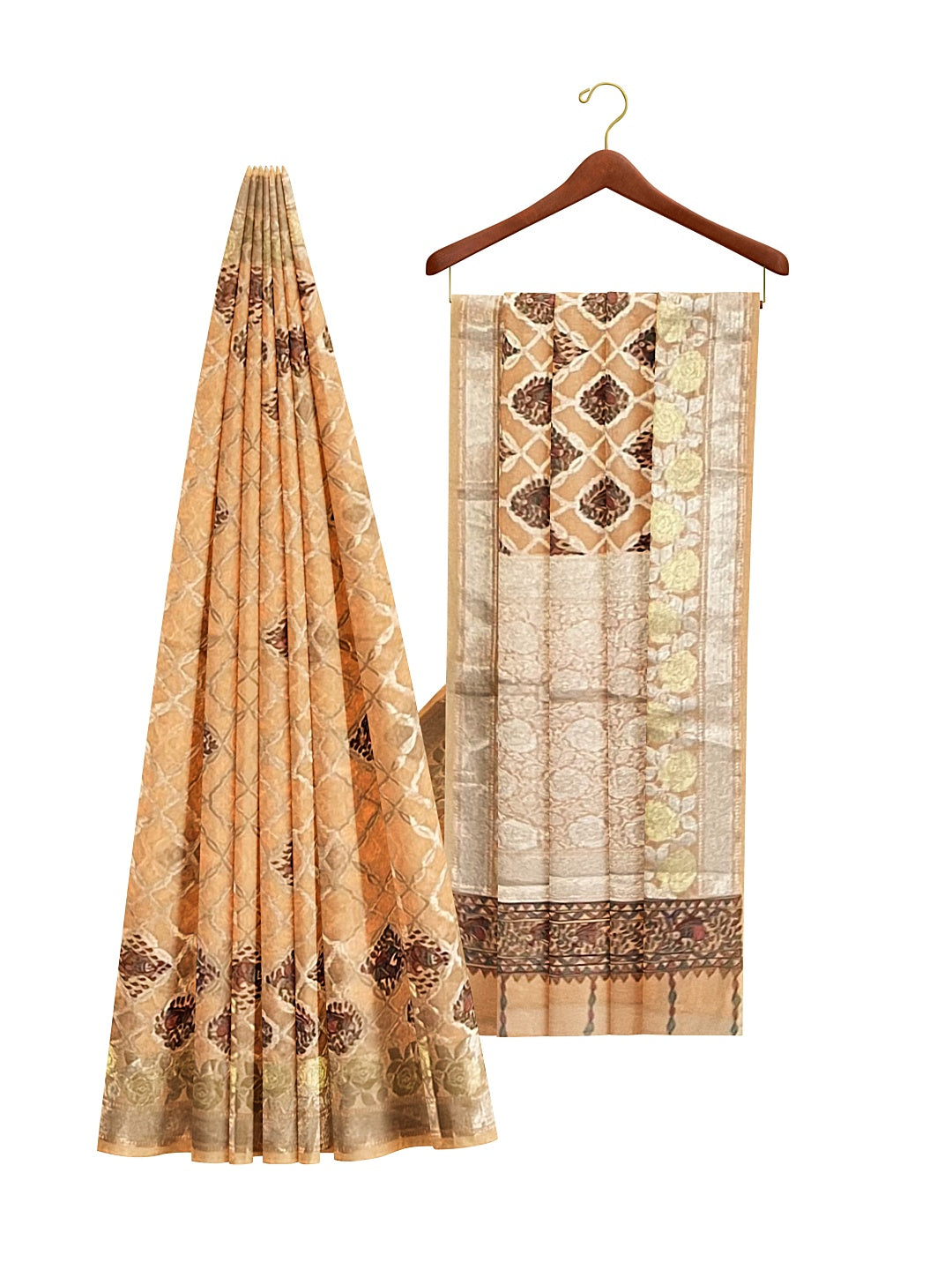 Handpainted Madhubani Peach colour Saree on Banarasi Chanderi