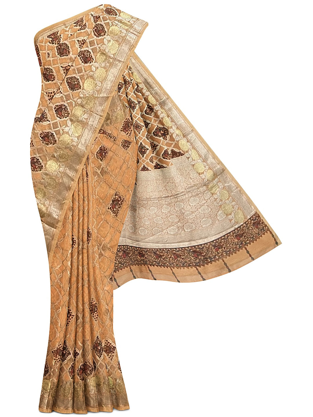 Handpainted Madhubani Peach colour Saree on Banarasi Chanderi