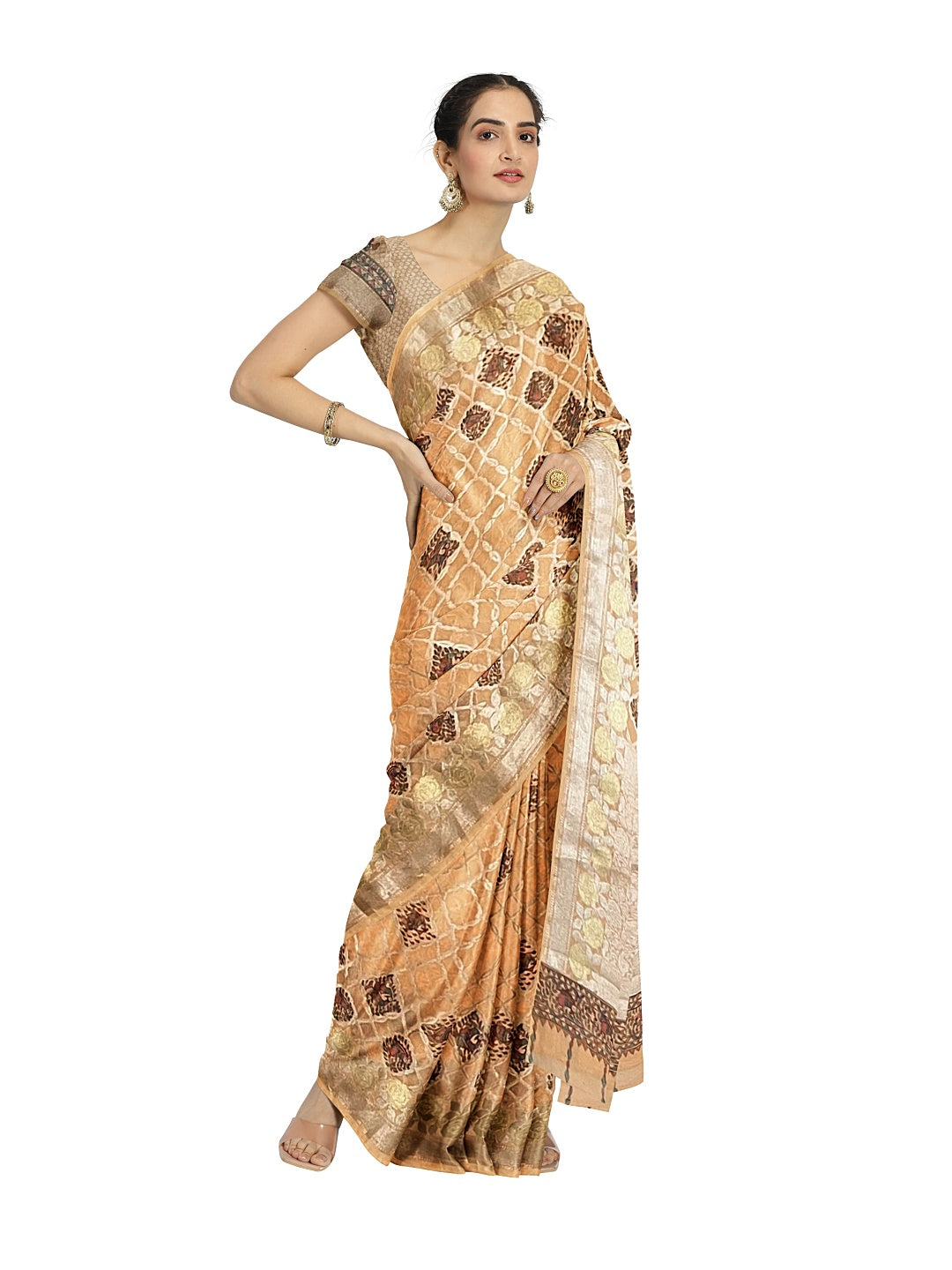 Handpainted Madhubani Peach colour Saree on Banarasi Chanderi