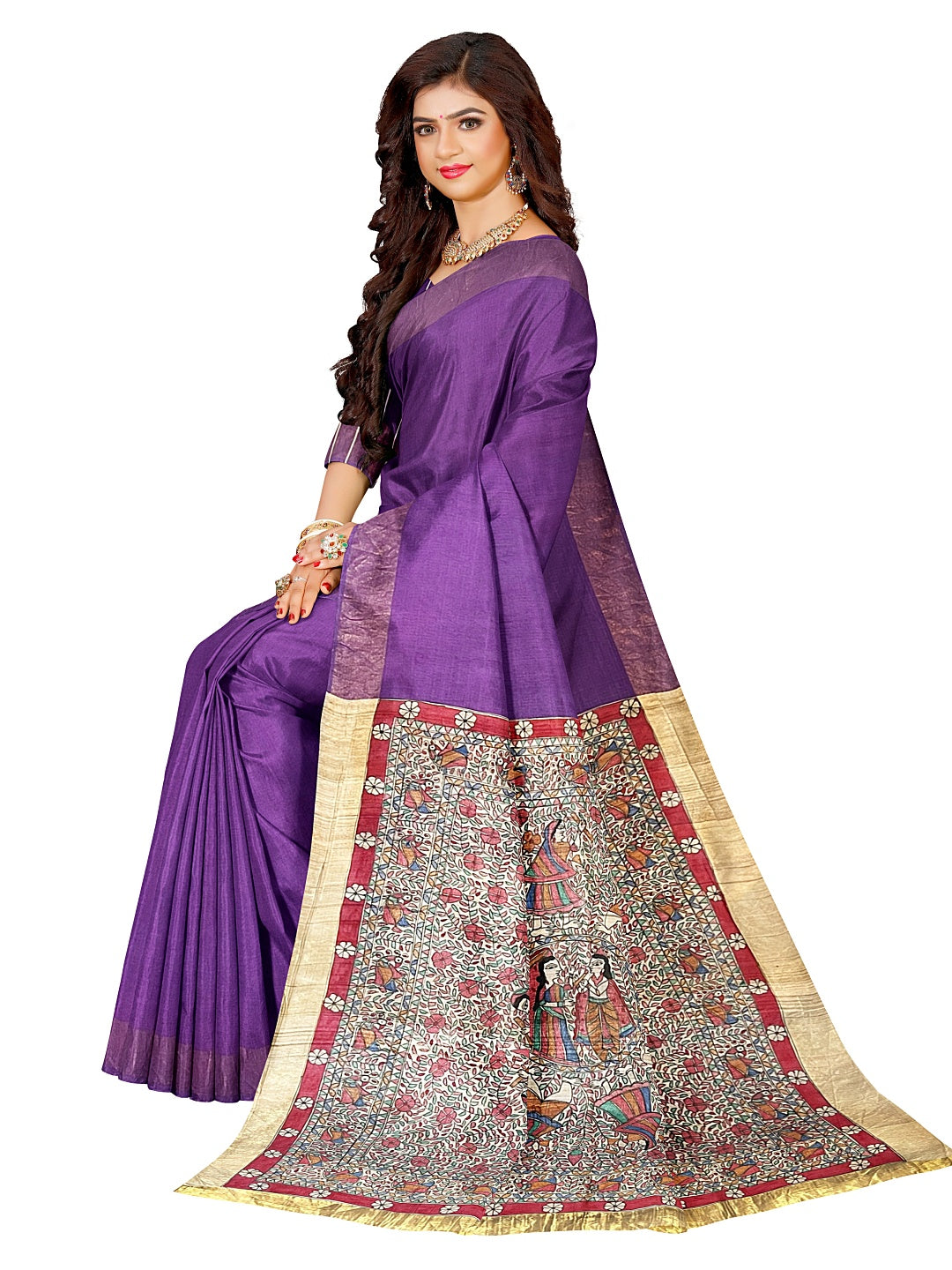 Hand-painted Madhubani Tussar Staple Silk Saree on Purple