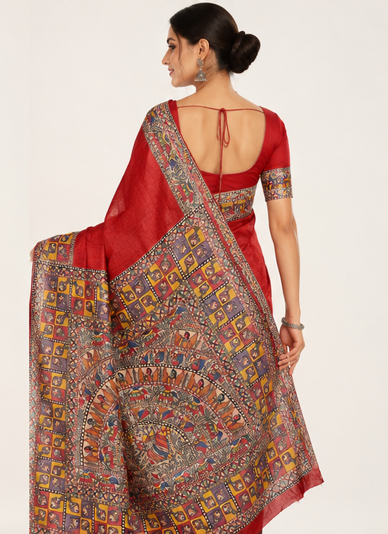 Handpainted Madhubani Desi Tussar Silk Saree in Red with Godhna Style- Fish, Elephant, Peacock Motifs