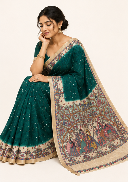 Handpainted Madhubani Tussar Munga Silk Saree with Bandhani Fusion - Rasleela Theme