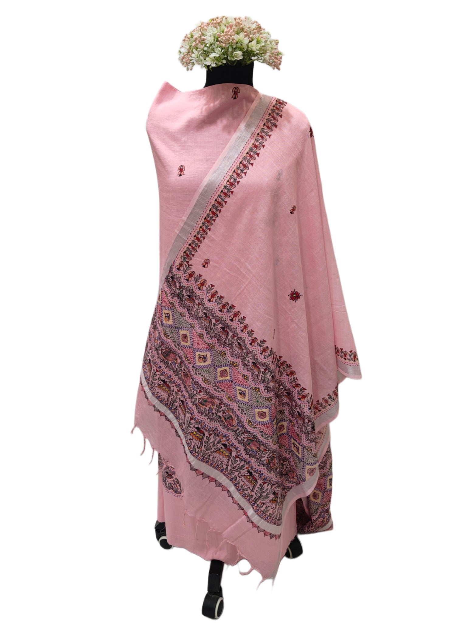 Hand-painted Madhubani with Sujni Embroidery Unstitched Suit Set on Cotton in Soft Pink