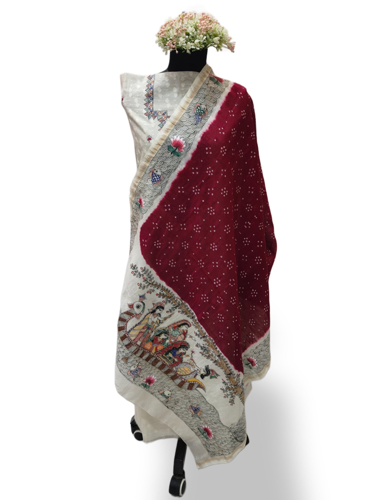 Unstitched Hand-painted Madhubani Radha Krishna Suit Set on Chanderi in Ivory & Maroon