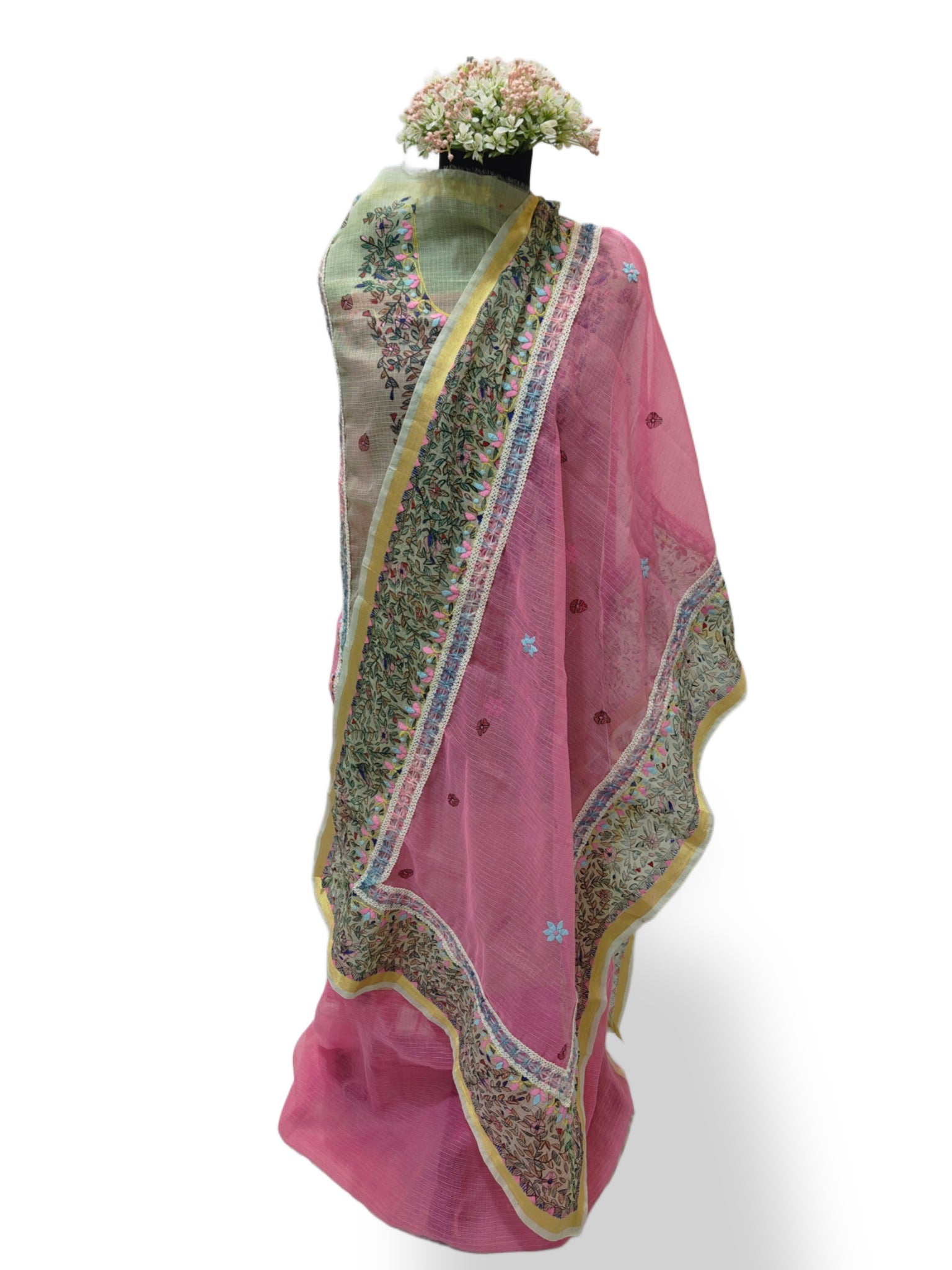 Pastel Green & Pink Soft Kota Doria - Unstitched Suit Set with Phool Patti Work