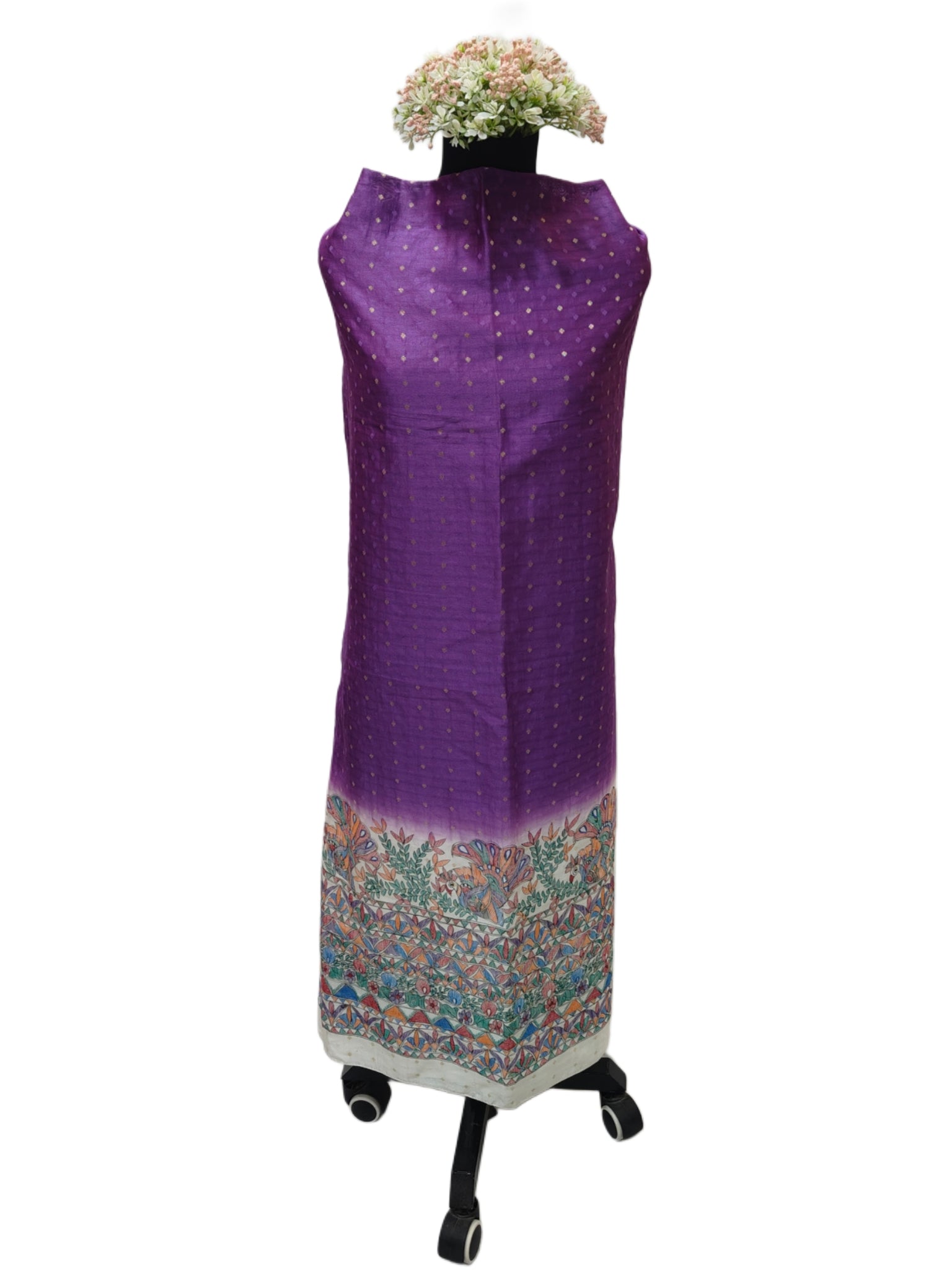 Hand-painted Madhubani with Bandhani - Unstitched Suit Set on Chanderi - Purple