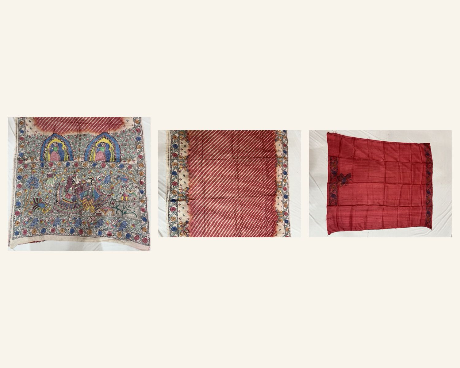 Handpainted Madhubani Leheriya Saree with Peacock & Fish Motifs - Radha Krishna Theme