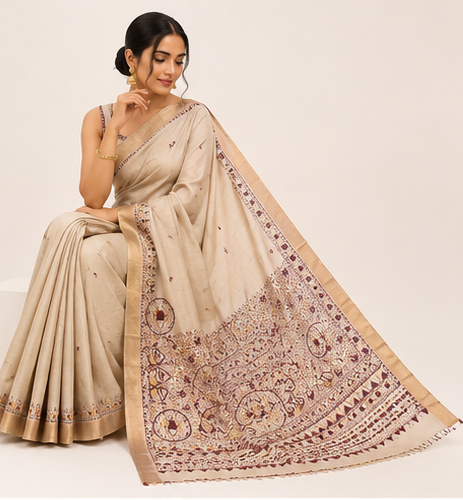 Handpainted Madhubani Tussar Munga Silk Saree with Zari Border