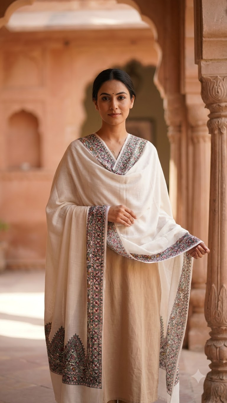Premium White Pashmina Hand-Painted Madhubani Floral Vine Stole