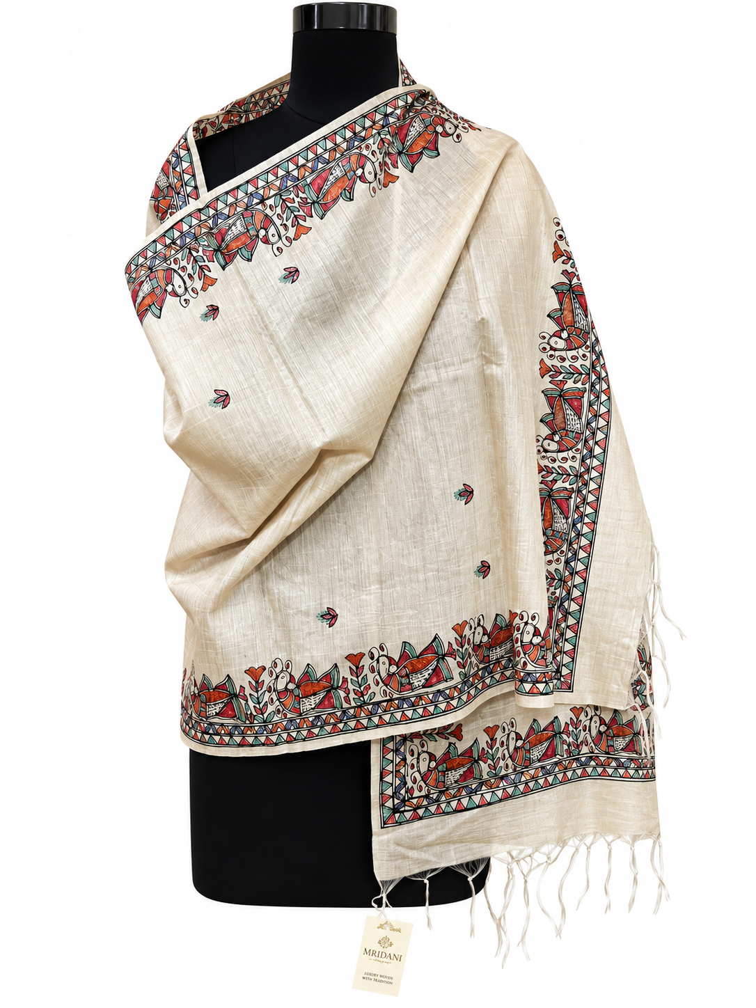 Hand-Painted Beige Tussar Munga Silk Madhubani Stole with Peacock Border & Buti Design