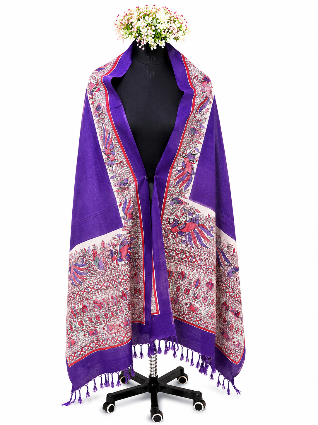 Hand-Painted Royal Mayur Madhubani Tussar Munga Silk Dupatta
