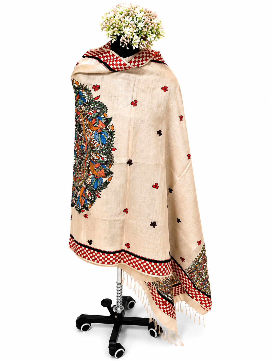 Handcrafted Desi Tussar Silk Dupatta – Madhubani Fish, Peacock and Floral Vines Design