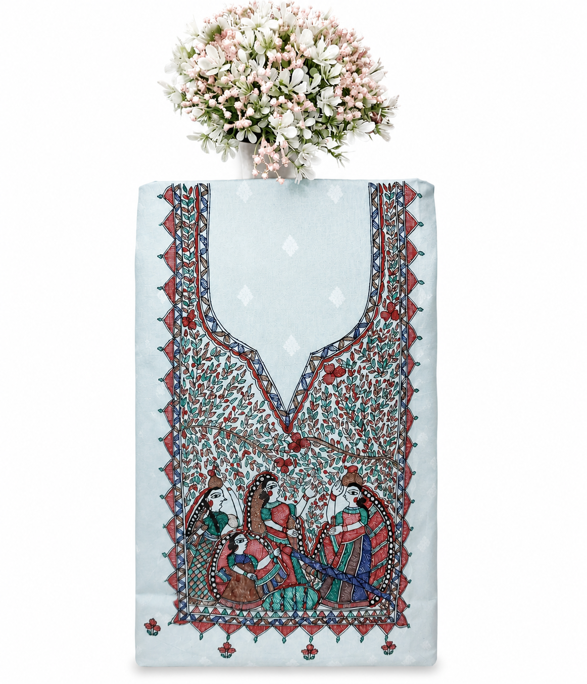 Hand-painted Madhubani Chanderi Suit Set with Boutique Work Kurti, Artistic Fish-Inspired Dupatta and Zari Border
