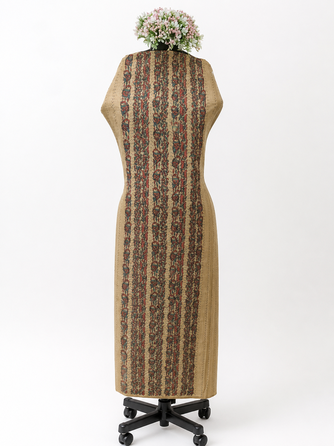 Hand-painted Madhubani Tussar Munga Silk Suit Set with Sujani Work Kurti and Madhubani Art Dupatta with Fish and Floral-Inspired Detailing