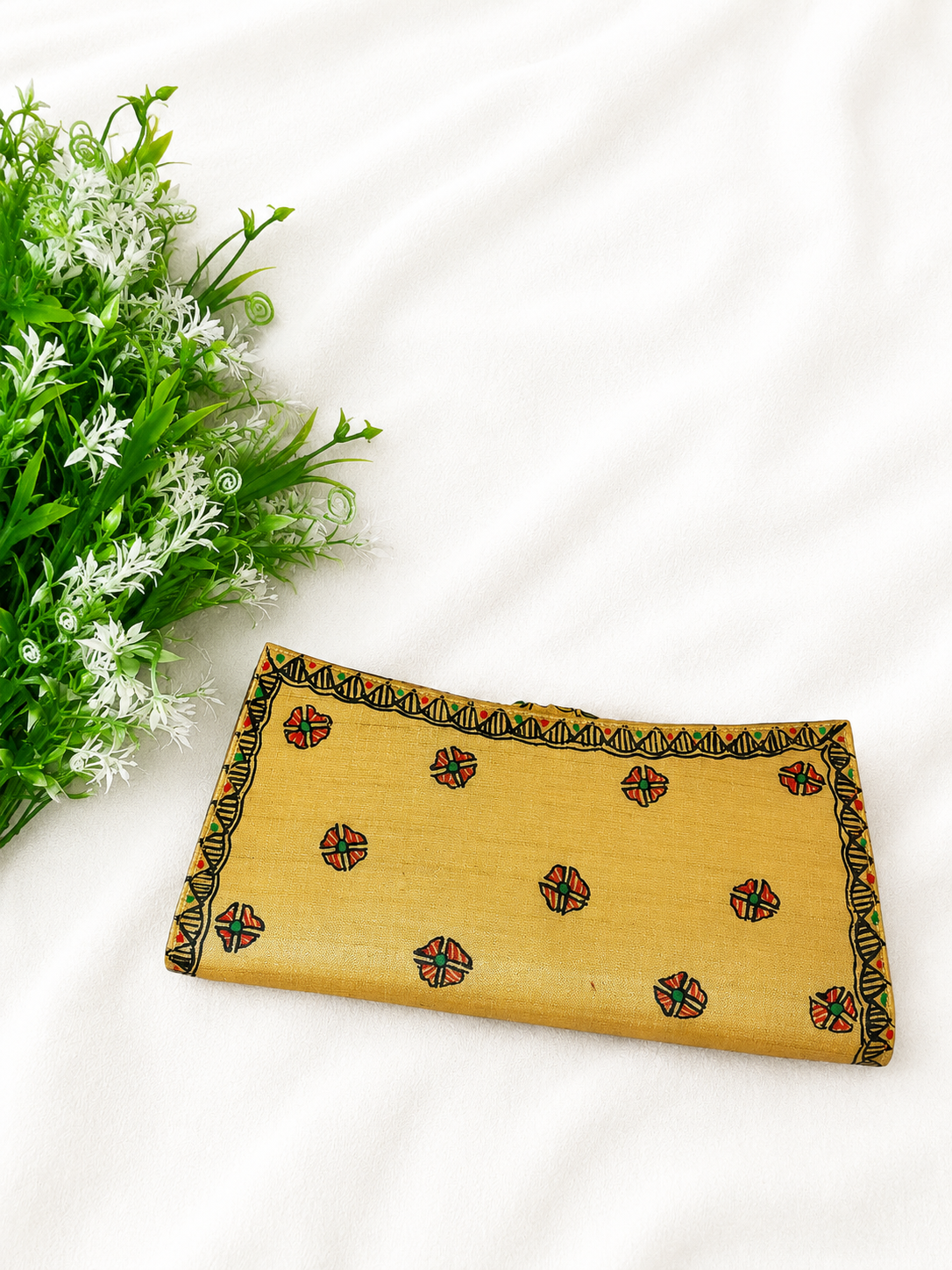 Handpainted Dual-Sided Madhubani Silk Clutch – Bird & Lotus Theme | Mustard Yellow Silk Envelope Clutch