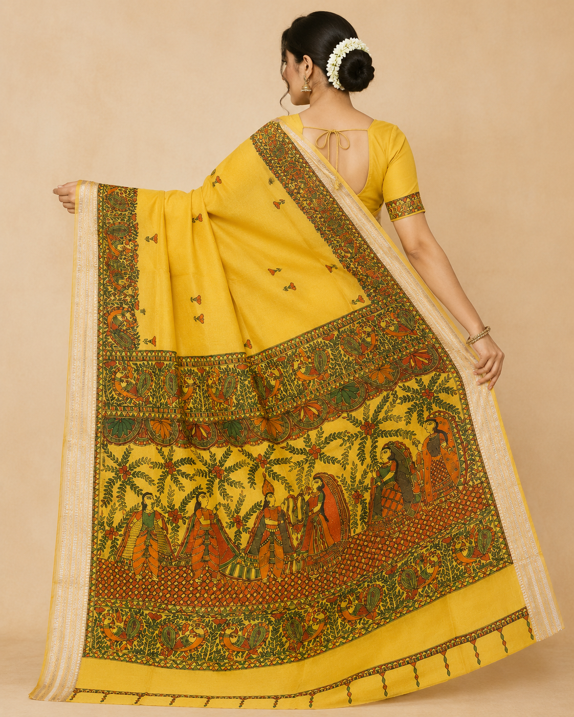Hand- painted Mustard Yellow Kota Silk Saree with Ram - Sita Swayamwar Madhubani Art & Silver Zari Border