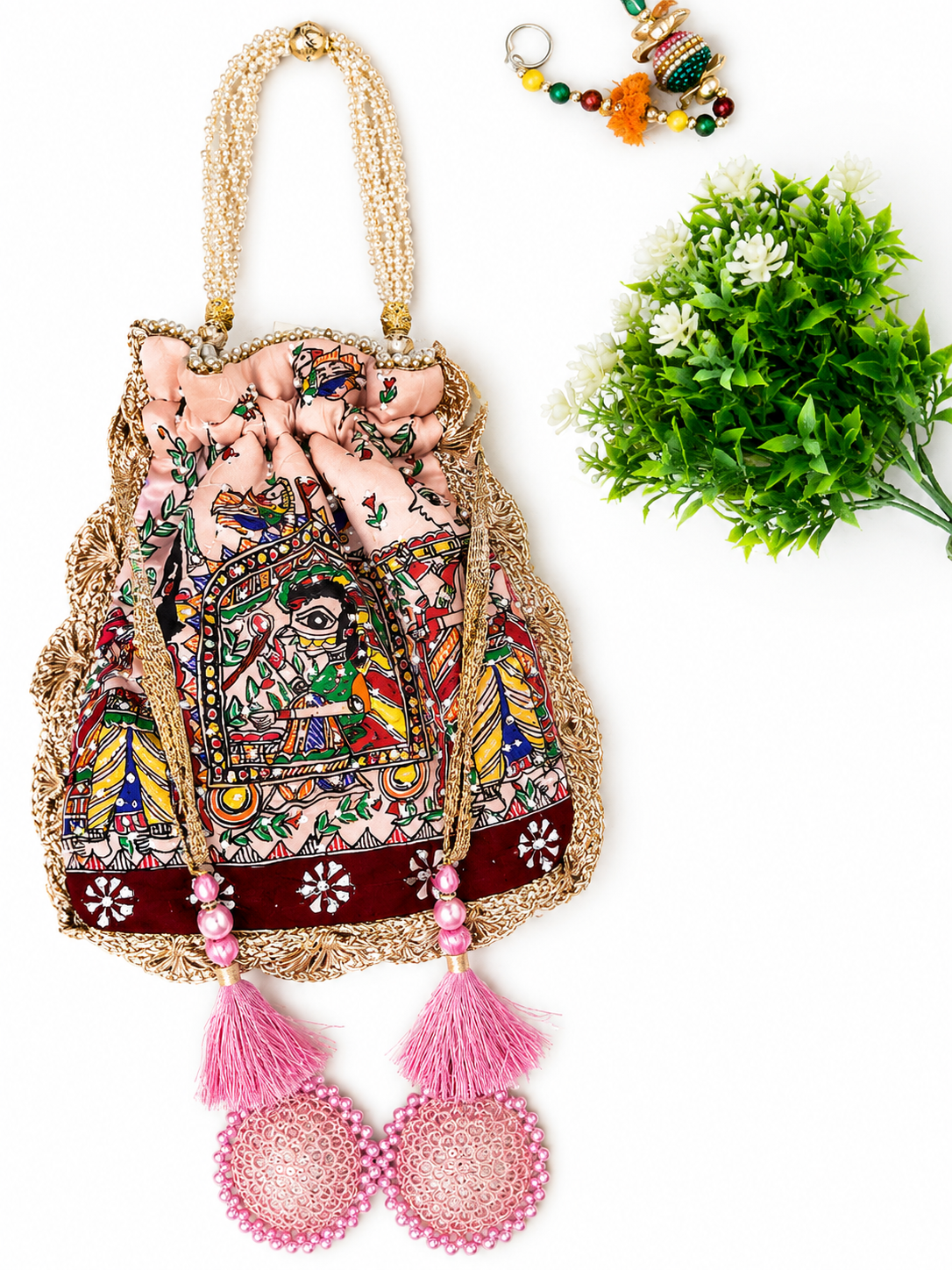 Hand-Painted Madhubani Pink Potli with Doli Ka Haar Motif