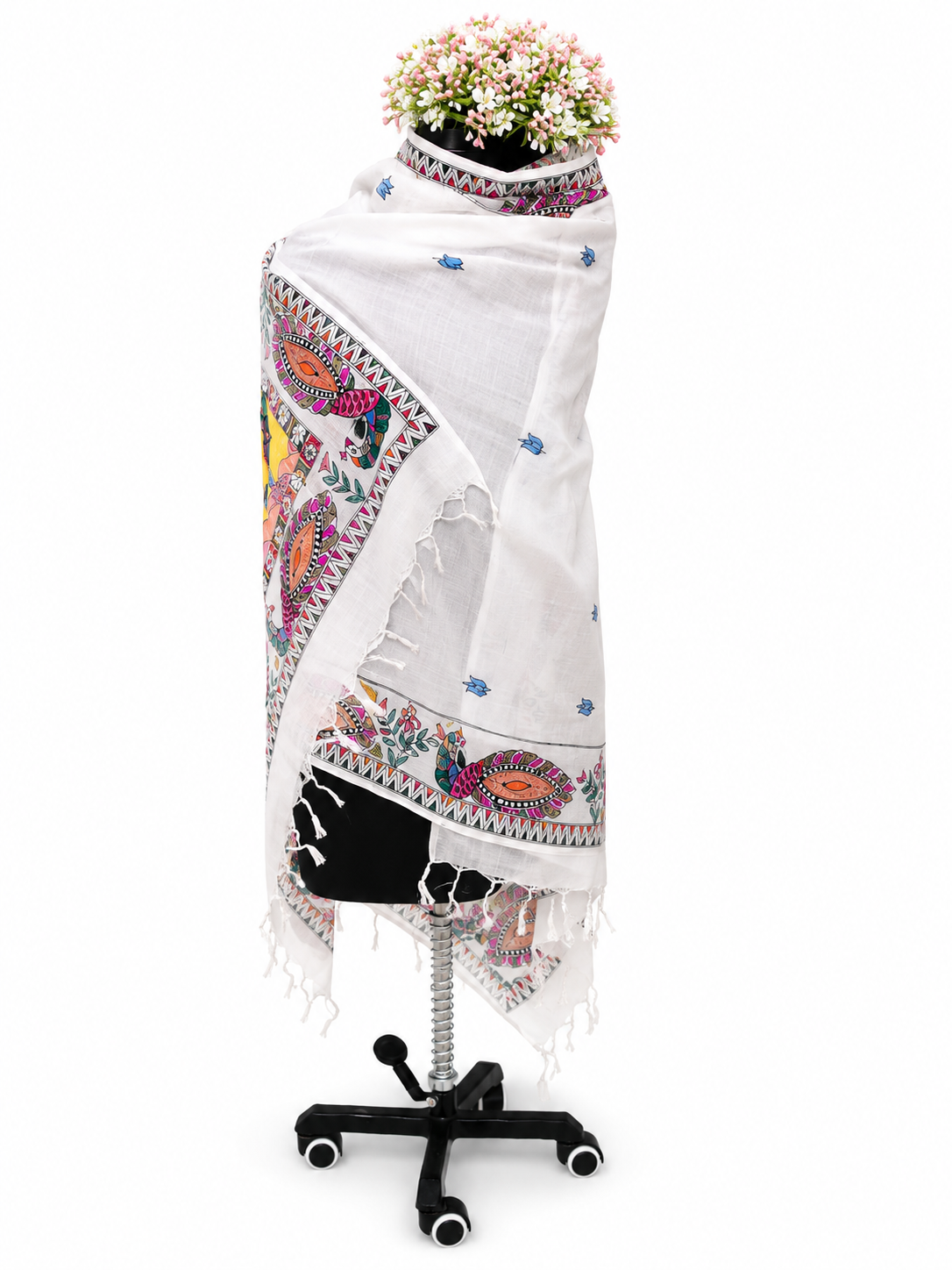 Hand-Painted Twin Peacock Madhubani Tussar Tussar Silk Dupatta