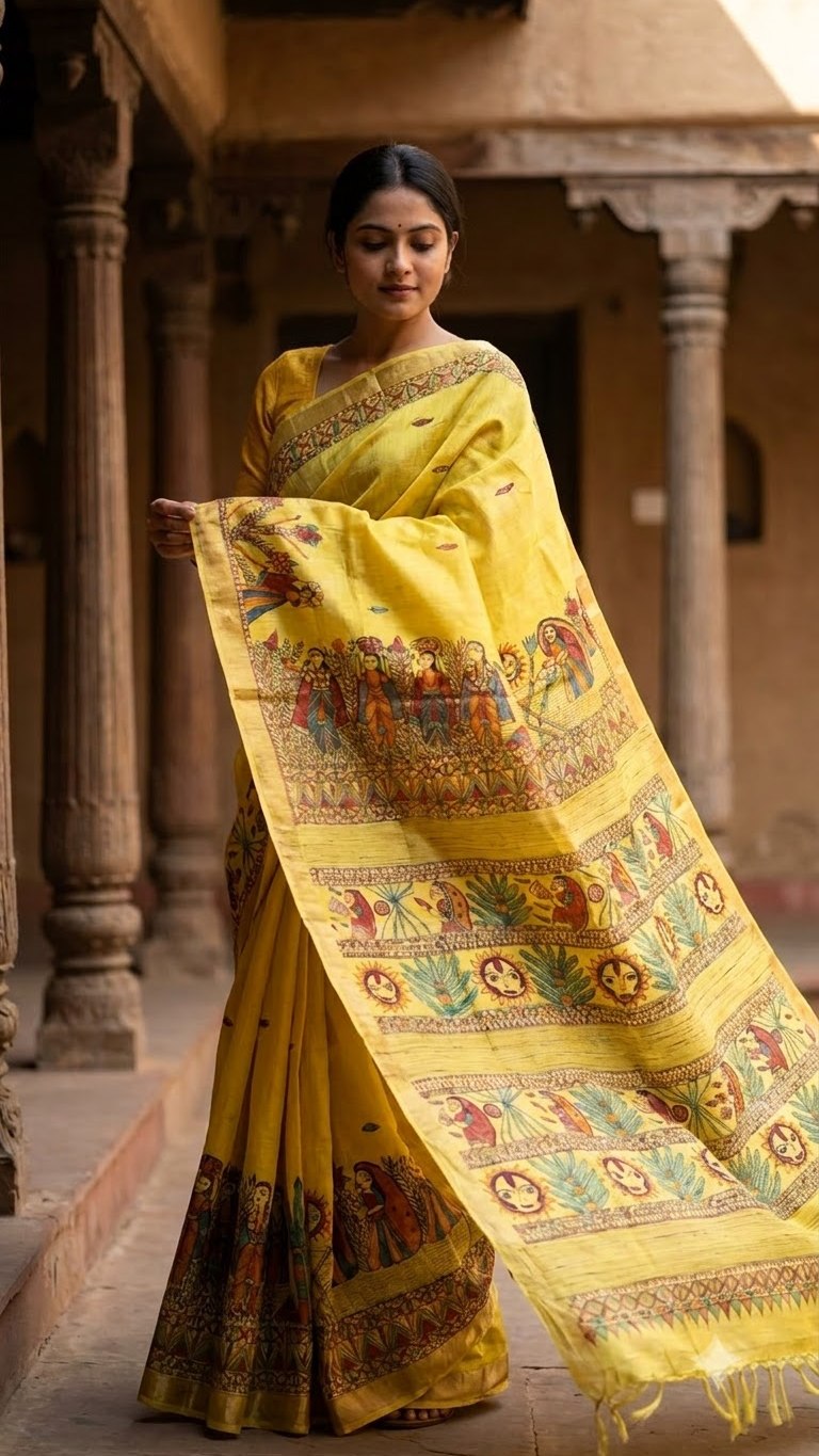 Premium Bright Yellow Tussar Munga Silk Madhubani Saree with Chhath Puja Artwork