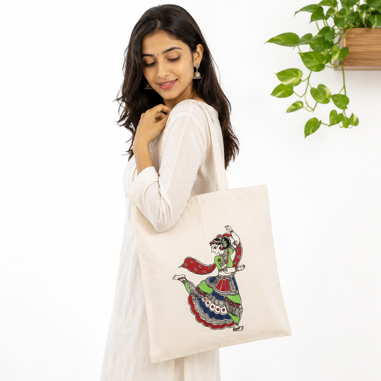 Hand-Painted Madhubani Cotton Tote Bag - Rythms Of Tradition