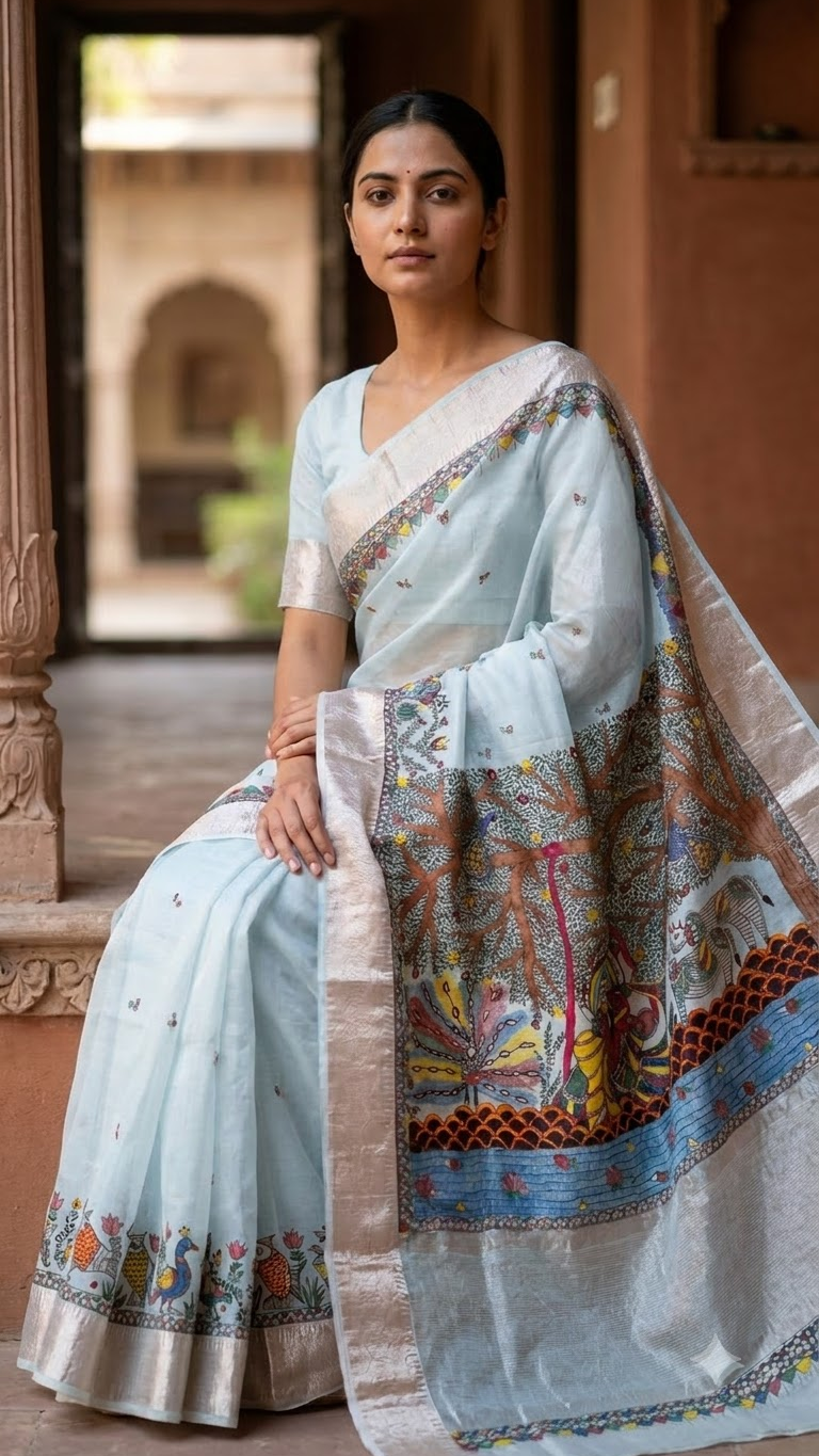 Hand-Painted Madhubani Premium Organza Radha Krishna Saree with Pearl Work & Zari Border