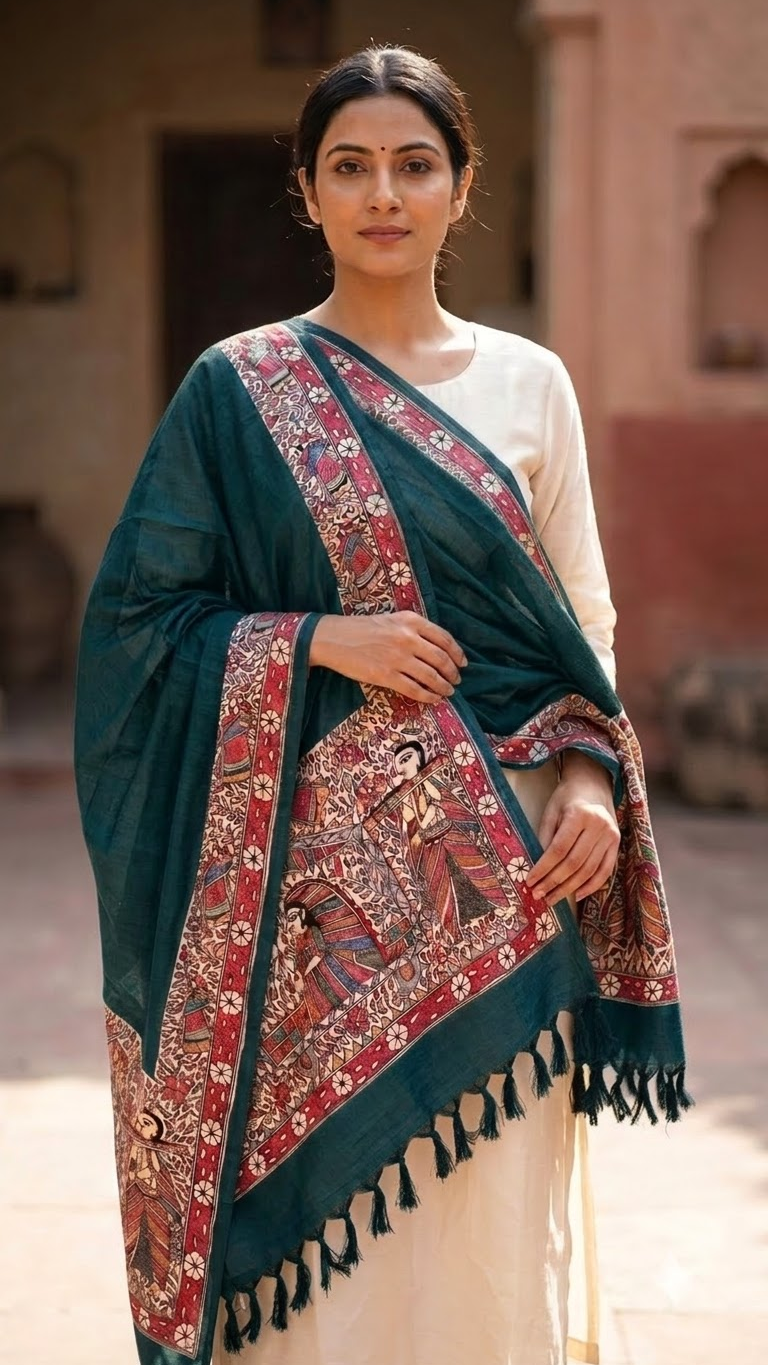 Premium Dark Green Cotton Silk Hand-Painted Madhubani Doli Ka Haar Theme Stole
