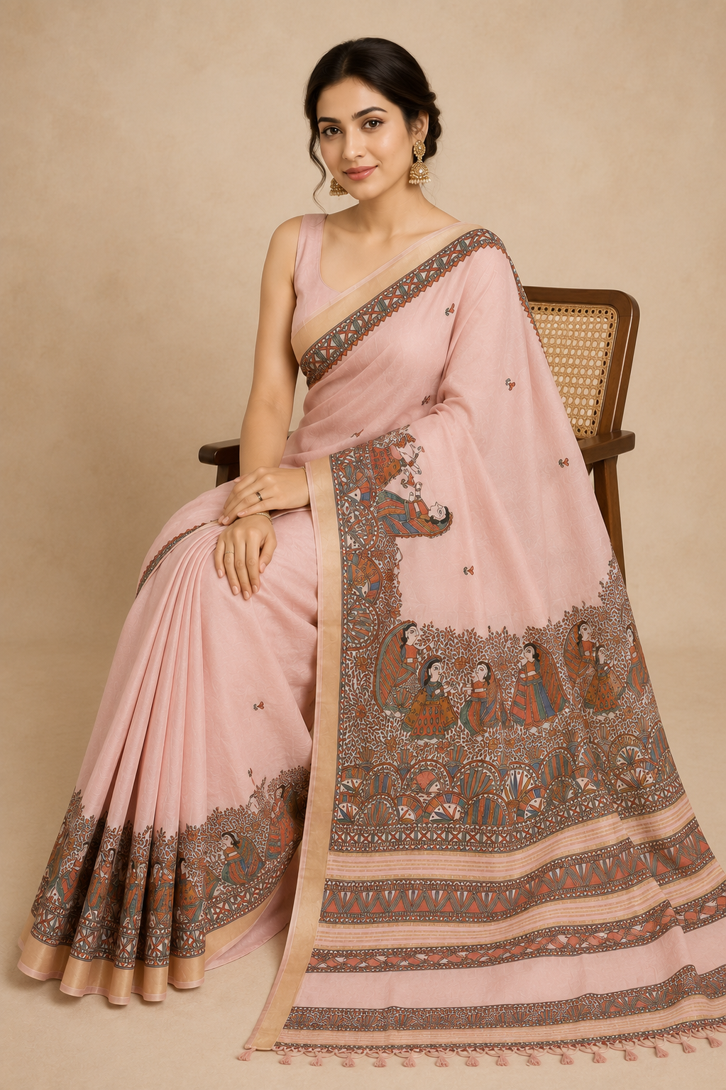 Hand-painted Blush Pink Dancing Doll Madhubani Cotton Silk Saree with Fish Motif Zari Border