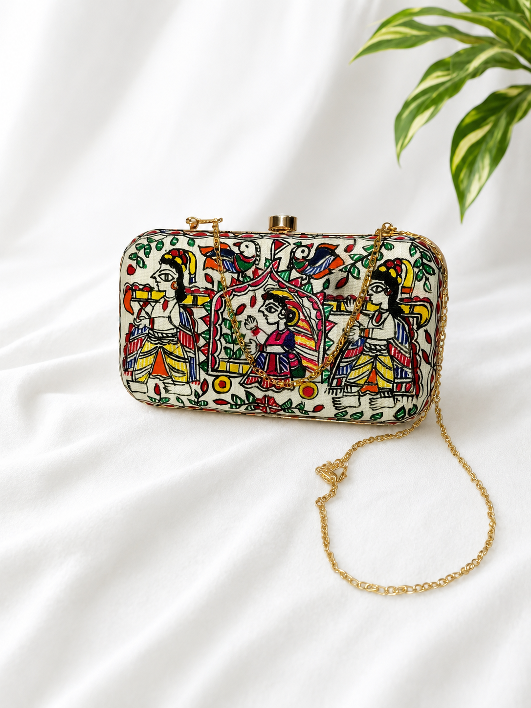 Handpainted Madhubani Doli Ka Haar & Peacock Canvas Clutch Bag