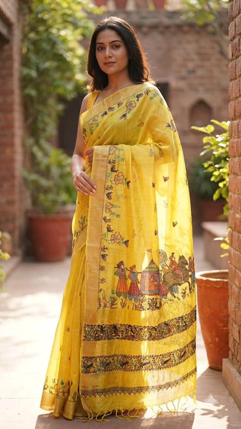 Premium Yellow Tussar Munga Silk Hand-Painted Madhubani & Handcrafted Sujani Saree with Grand Doli Baarat Pallu