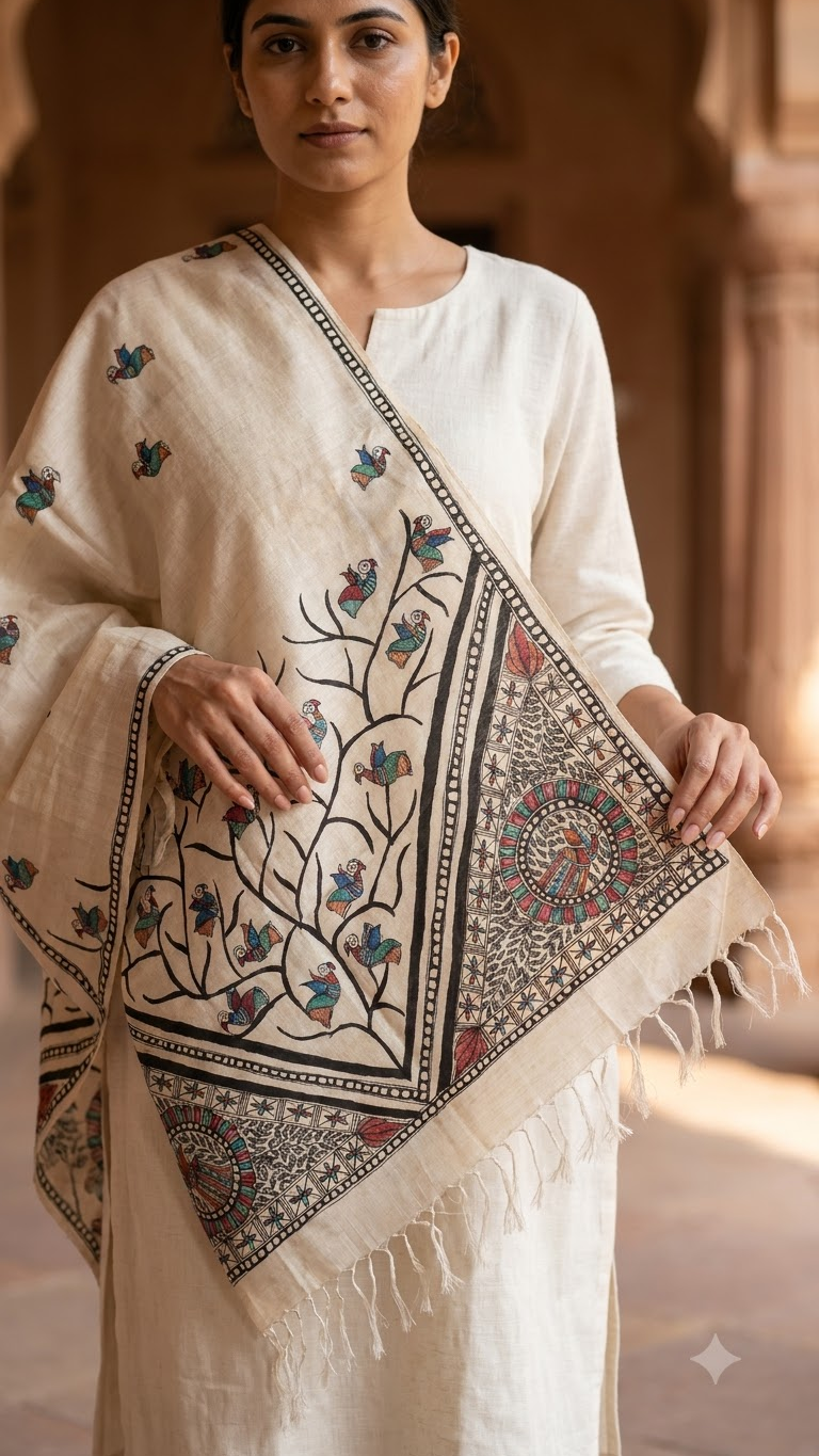 Hand-Painted Beige Tussar Munga Silk Stole with Peacock Tree Motif, Bird Buti & Geometric Border