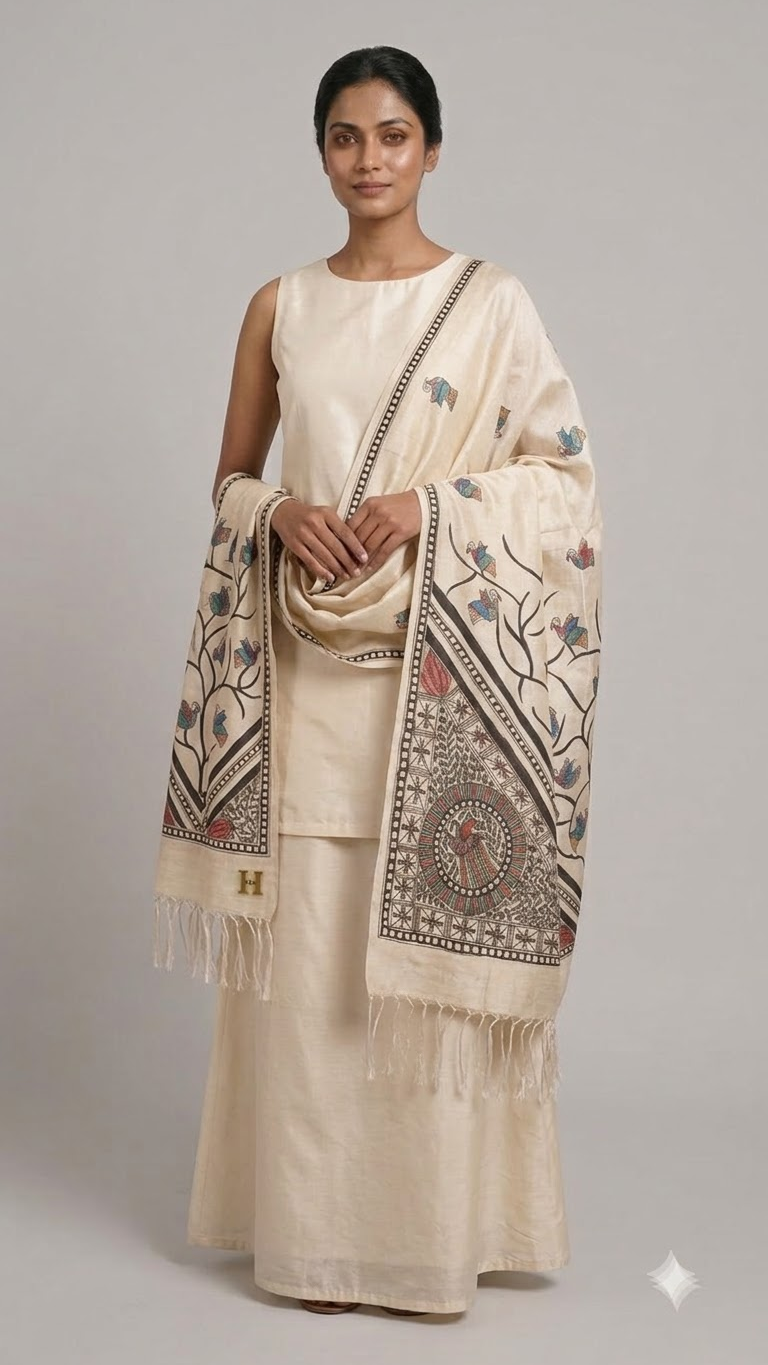 Hand-Painted Beige Tussar Munga Silk Stole with Peacock Tree Motif, Bird Buti & Geometric Border