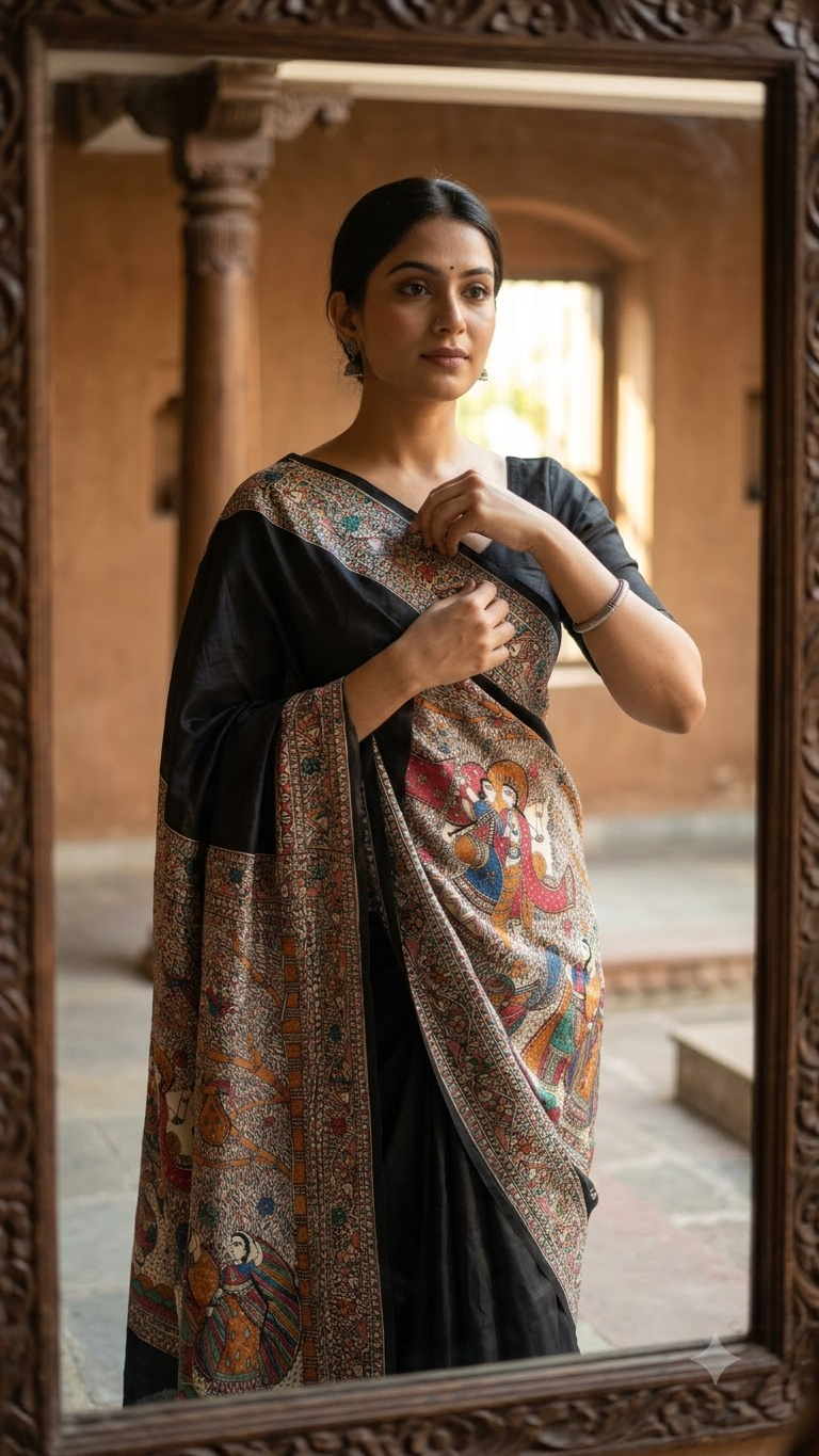 Premium Smokey Black Tussar Munga Silk Hand-Painted Madhubani Saree with Grand Radha Krishna Pallu