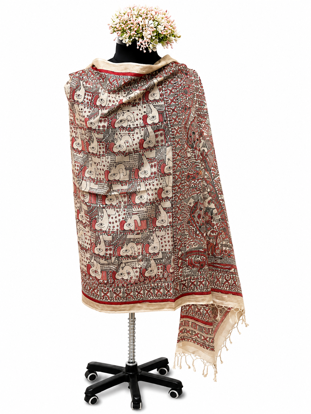 Handcrafted Tussar Munga Silk Dupatta – Elephant and Fish Motif Design