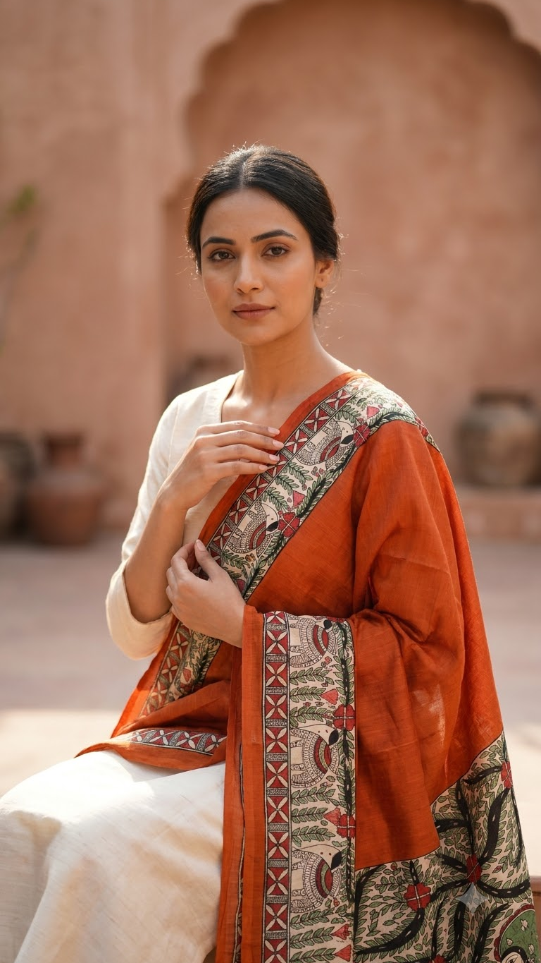 Premium Burnt Orange Cotton Silk Hand-Painted Madhubani Krishna Meera Stole