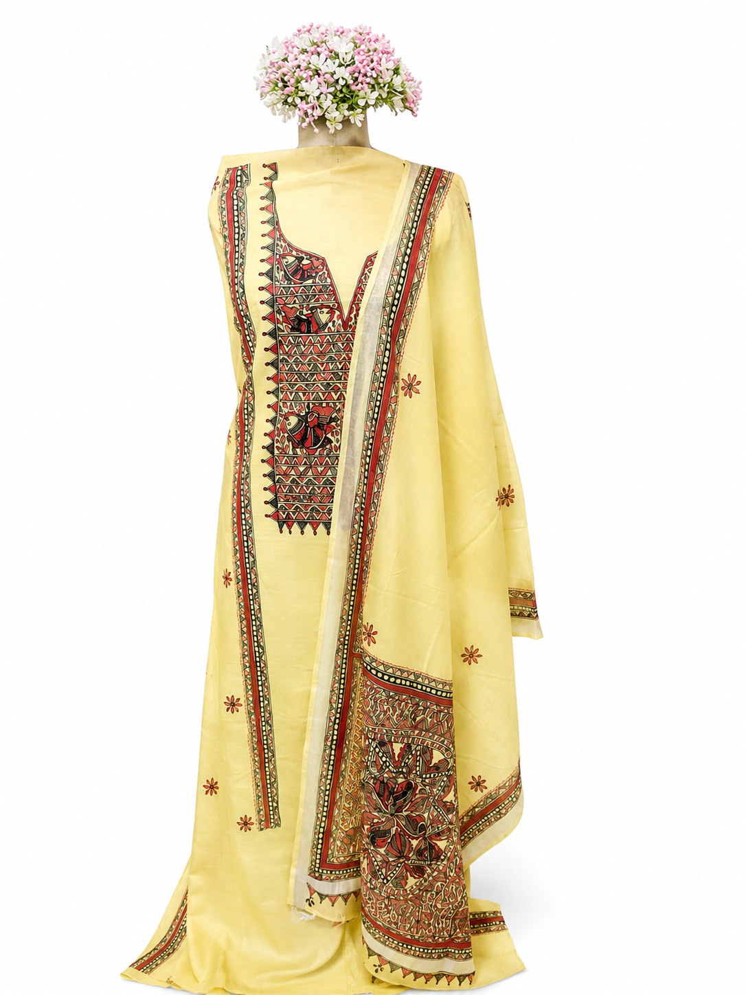 Hand-painted Madhubani Chanderi Suit Set with Artistic Panel Detailing, Aquatic-Inspired Madhubani Artwork and Designer Dupatta with Tassel Finish