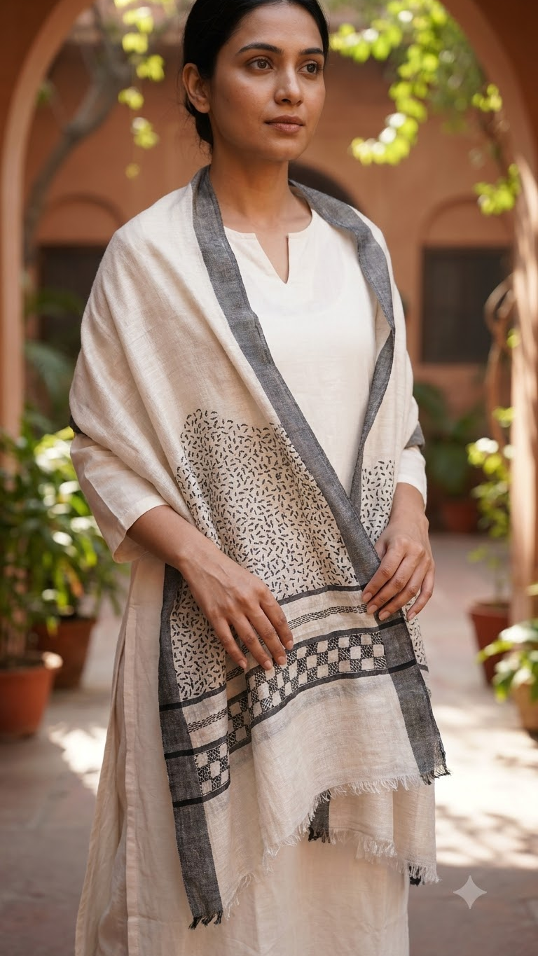 Hand-Embroidery Tussar Munga Silk Stole with Black Border and Intricate Sujni